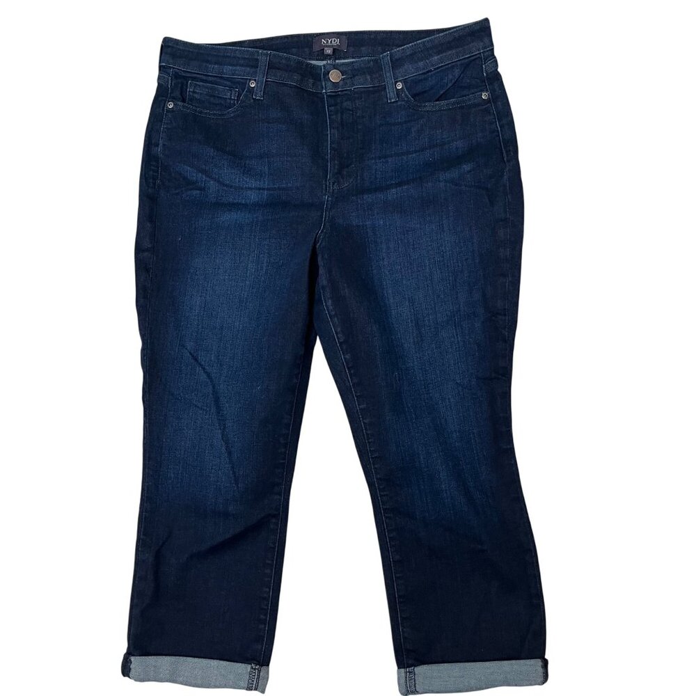 NYDJ Womens Dk Wash High Rise Stretch Blend Cotton Cropped Straight Jeans Sz 34